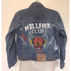 Eddie Bauer Hand Painted Hellfire Club Denim Jacket Youth 10/12 Custom Art